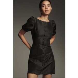 Anthropologie x Hutch Cove Black Boat Neck Button Front Puff Sleeve Mini Dress
